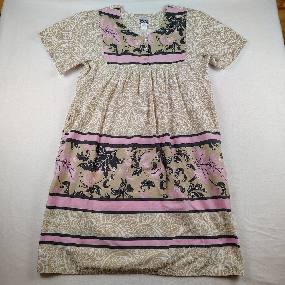 VTG Anthony Richards House Dress MuuMuu Beige Floral Pink Striped Sz Large
